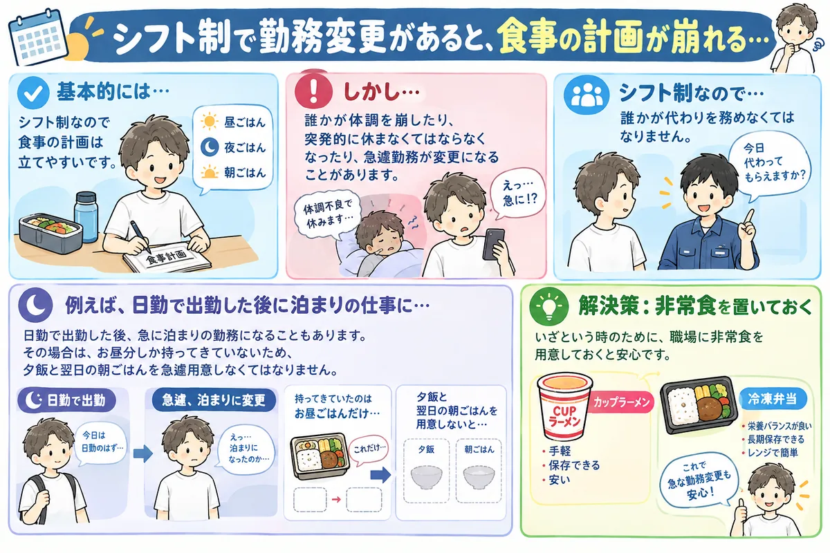 「勤務変更により崩れる食事の計画」を表すイラスト